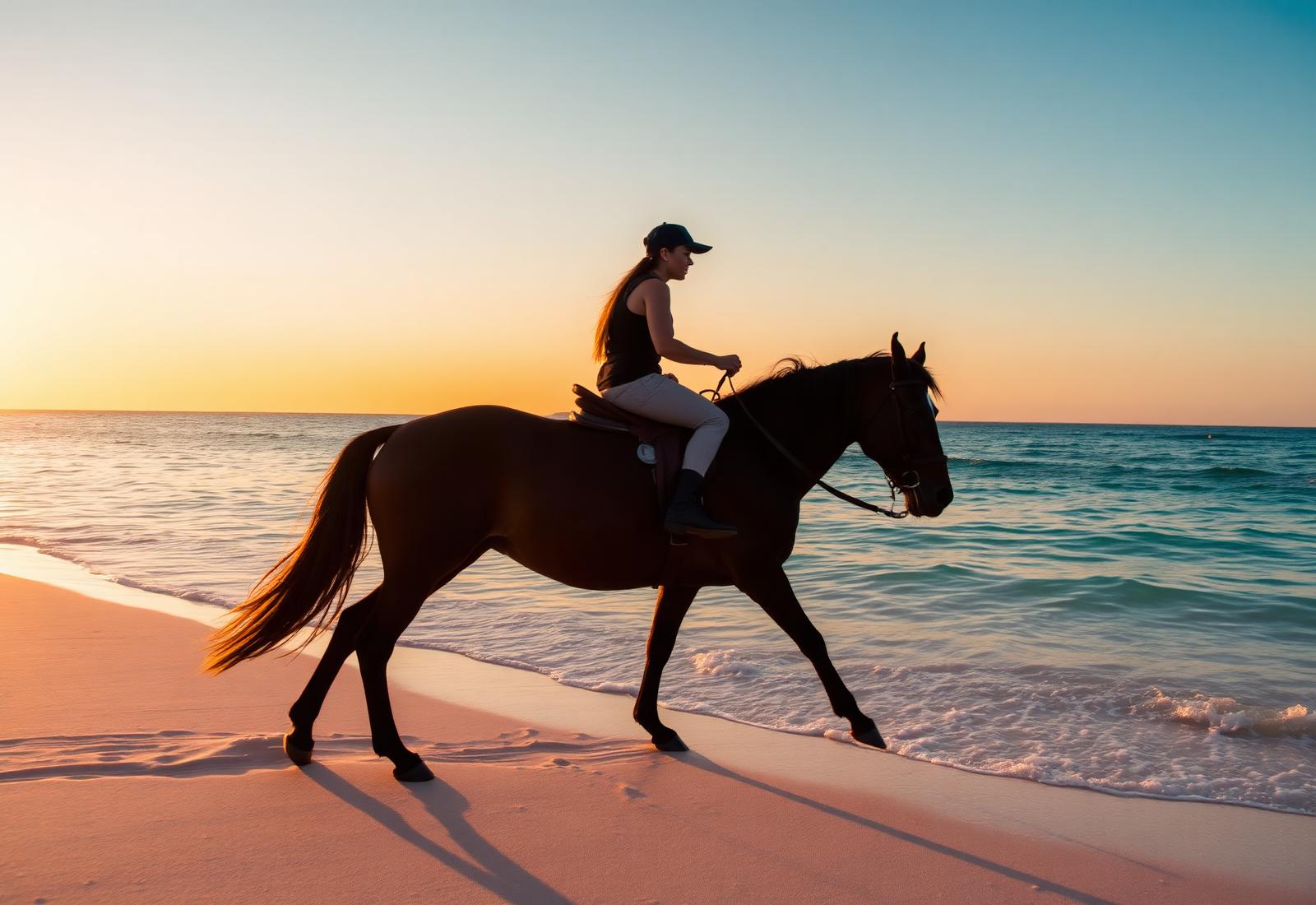 Beach horse riding in Paje, Zanzibar — horse and rider walking the shoreline at sunset